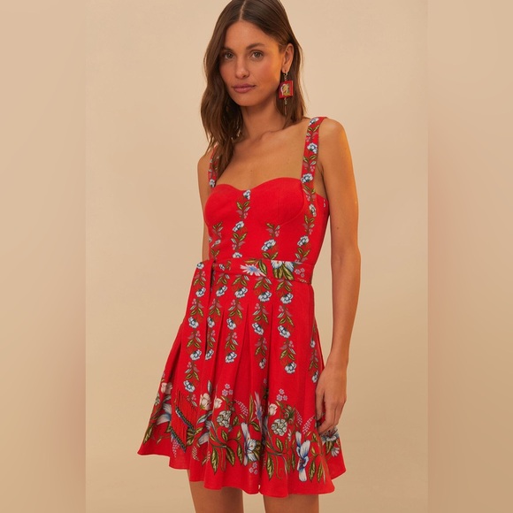 FARM Rio Red Sweet Bloom Bouquet Lenzing Ecovero Euroflax Mini Dress - Picture 3 of 9